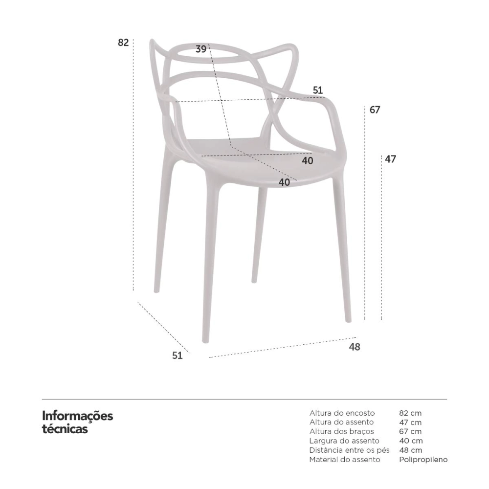 Kit com 2 Cadeiras Design Allegra Polipropileno Injetado Alta Densidade Empilhável Sala Cozinha Jantar Bar Jardim Varanda Fendi