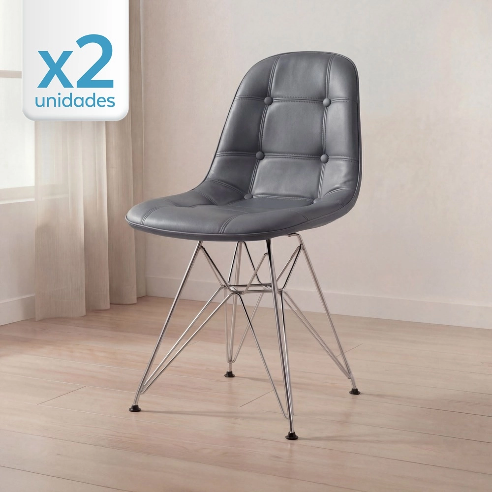 Kit com 2 Cadeiras estofadas Charles Eames Eiffel Botonê DKR com pés de metal cromado - Cinza escuro Kit com 2 Cadeiras estofadas Charles Eames Eiffel Botonê DKR com pés de metal cromado - Cinza escuro