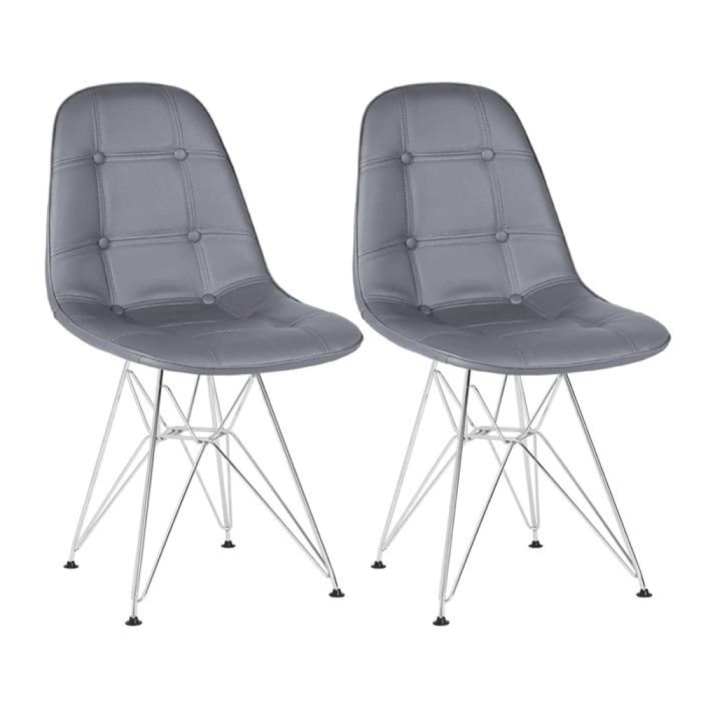 Kit com 2 Cadeiras estofadas Charles Eames Eiffel Botonê DKR com pés de metal cromado - Cinza escuro Kit com 2 Cadeiras estofadas Charles Eames Eiffel Botonê DKR com pés de metal cromado - Cinza escuro