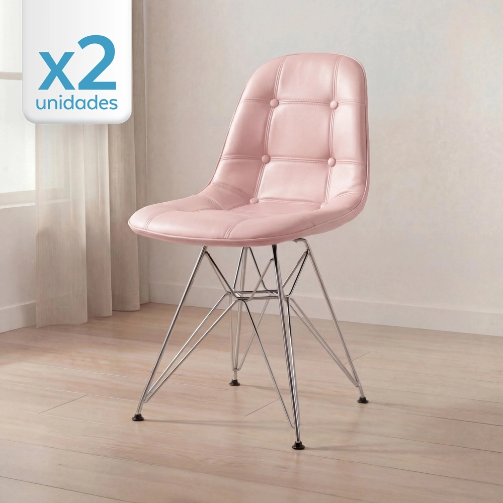Kit com 2 Cadeiras estofadas Charles Eames Eiffel Botonê DKR com pés de metal cromado - Rosa claro Kit com 2 Cadeiras estofadas Charles Eames Eiffel Botonê DKR com pés de metal cromado - Rosa claro