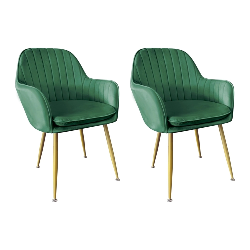 Kit com 2 Cadeiras Poltrona Lines com pés dourados Suede para sala de jantar - Verde Escuro