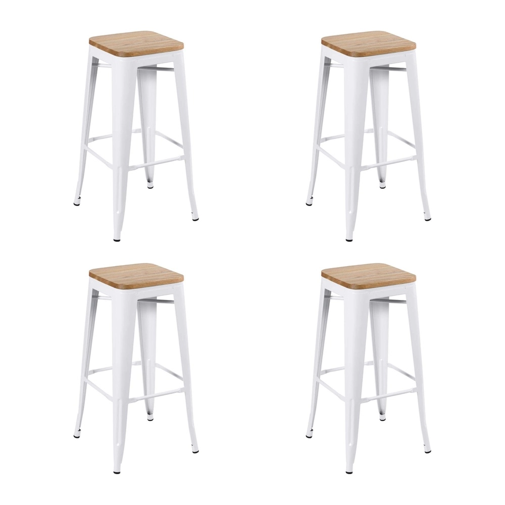 Kit com 4 Banquetas altas Iron Tolix com assento de madeira rústica clara 76 cm - Branco Kit com 4 Banquetas altas Iron Tolix com assento de madeira rústica clara 76 cm - Branco