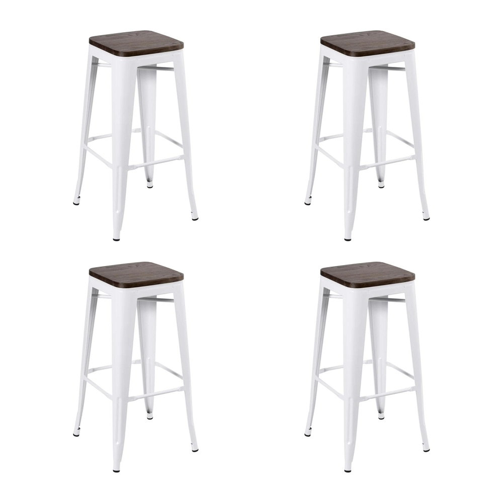 Kit com 4 Banquetas altas Iron Tolix com assento de madeira rústica escura - 76 cm - Branco Kit com 4 Banquetas altas Iron Tolix com assento de madeira rústica escura - 76 cm - Branco