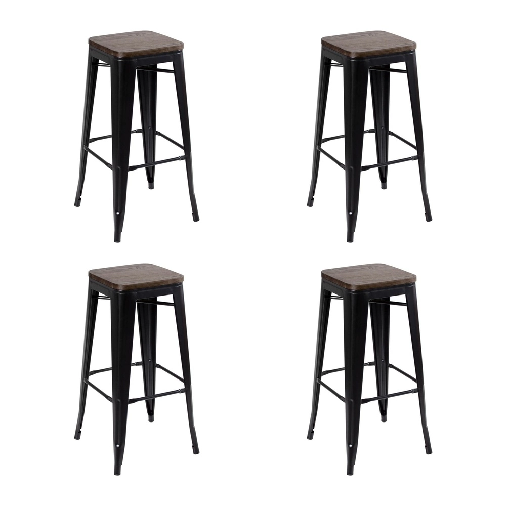 Kit com 4 Banquetas altas Iron Tolix com assento de madeira rústica escura - 76 cm - Preto