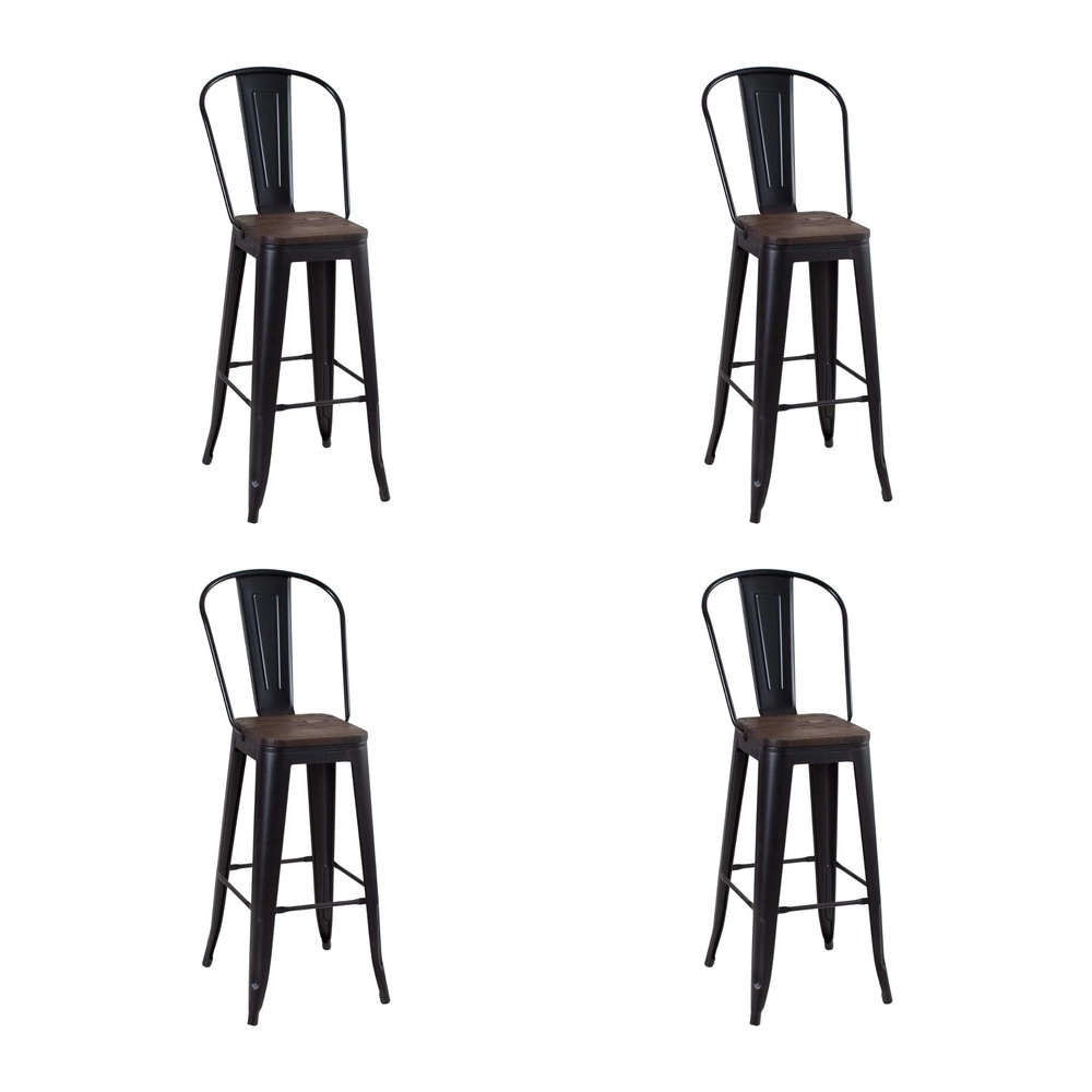 Kit com 4 Banquetas altas Iron Tolix com encosto alto e assento de madeira - Preto - Madeira rústica escura