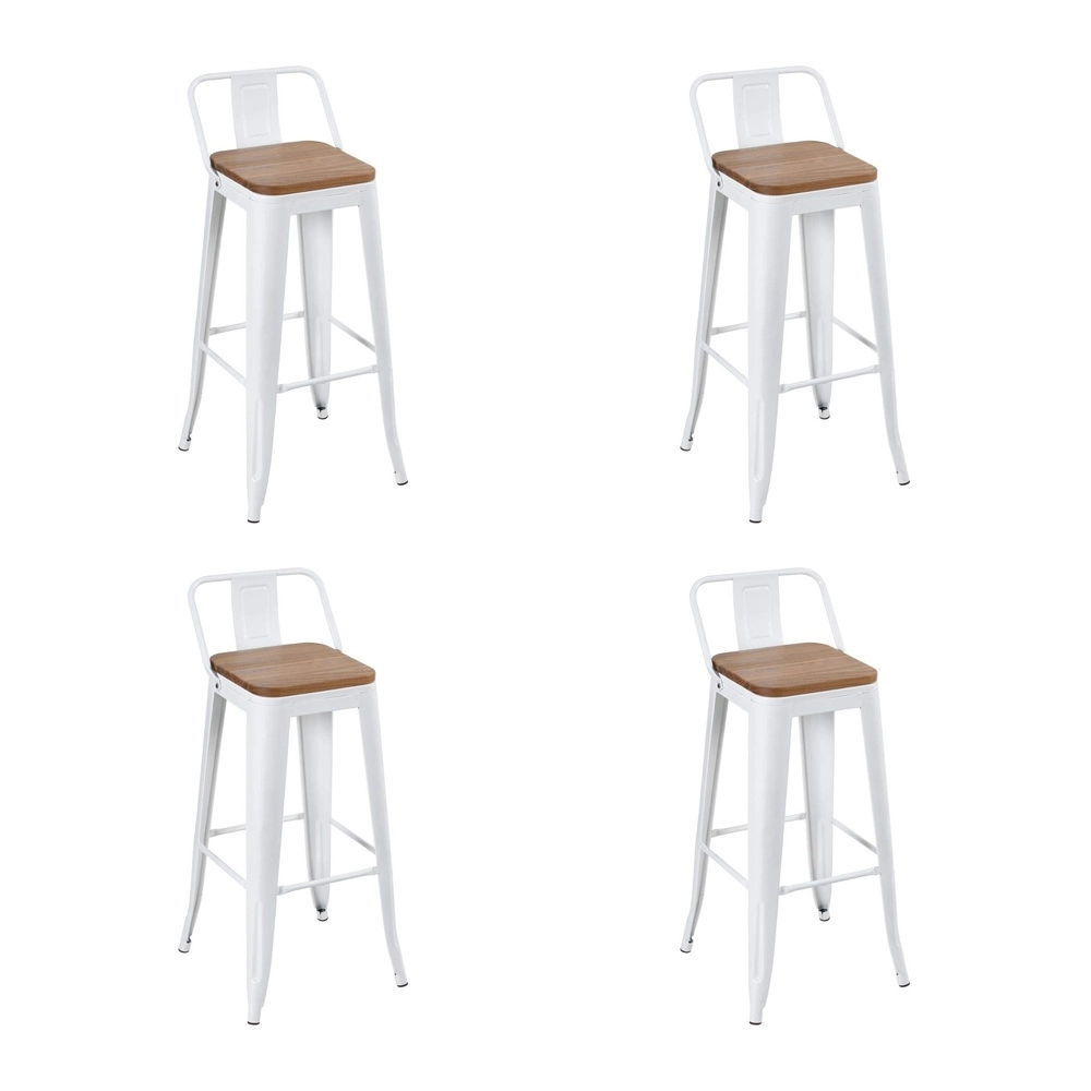 Kit com 4 Banquetas altas Iron Tolix com encosto e assento de madeira rústica clara 76 cm - Branco Kit com 4 Banquetas altas Iron Tolix com encosto e assento de madeira rústica clara 76 cm - Branco