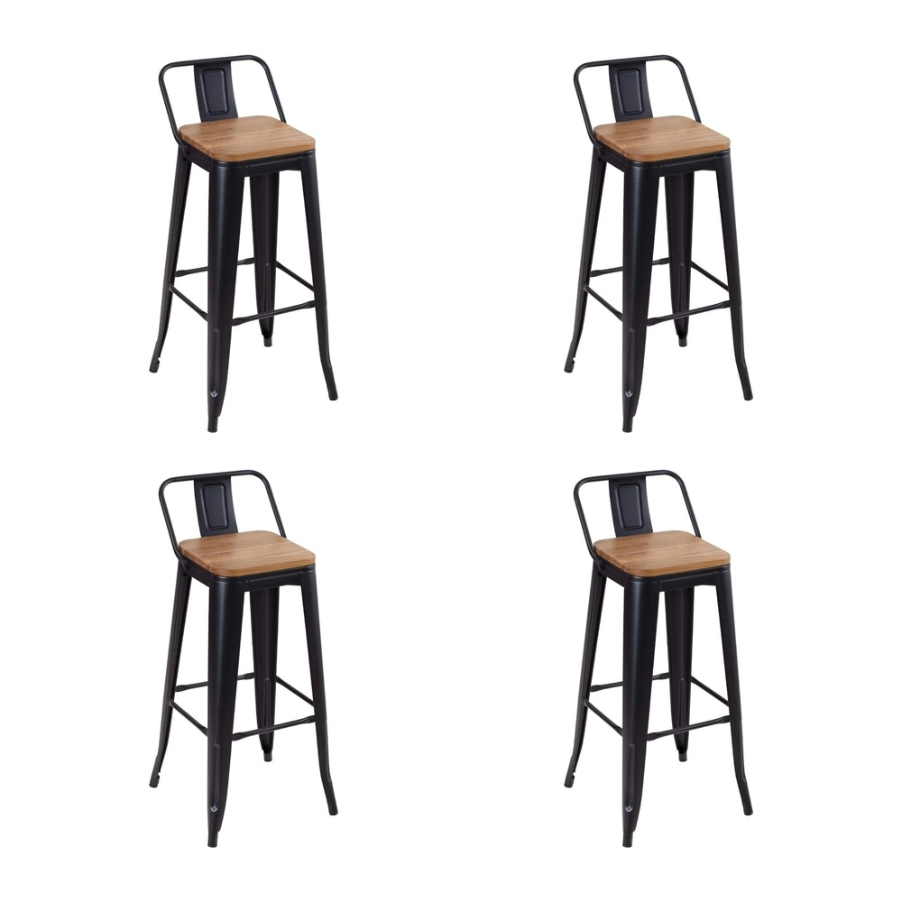 Kit com 4 Banquetas altas Iron Tolix com encosto e assento de madeira rústica clara 76 cm - Preto