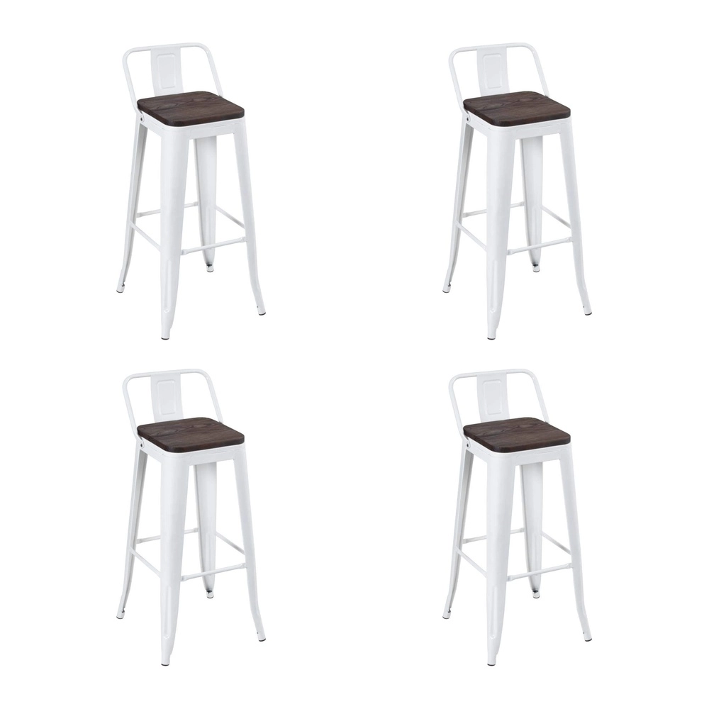 Kit com 4 Banquetas altas Iron Tolix com encosto e assento de madeira rústica escura - Branco