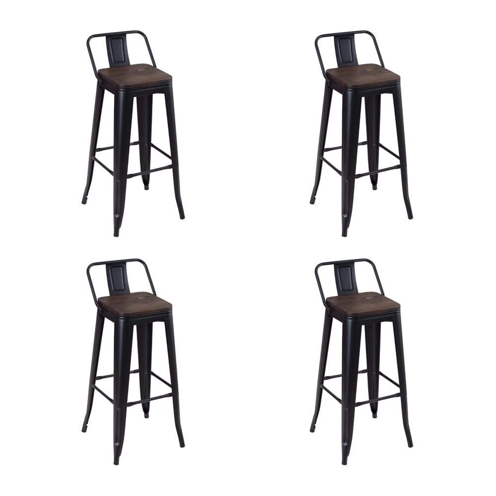 Kit com 4 Banquetas altas Iron Tolix com encosto e assento de madeira rústica escura - Preto Kit com 4 Banquetas altas Iron Tolix com encosto e assento de madeira rústica escura - Preto