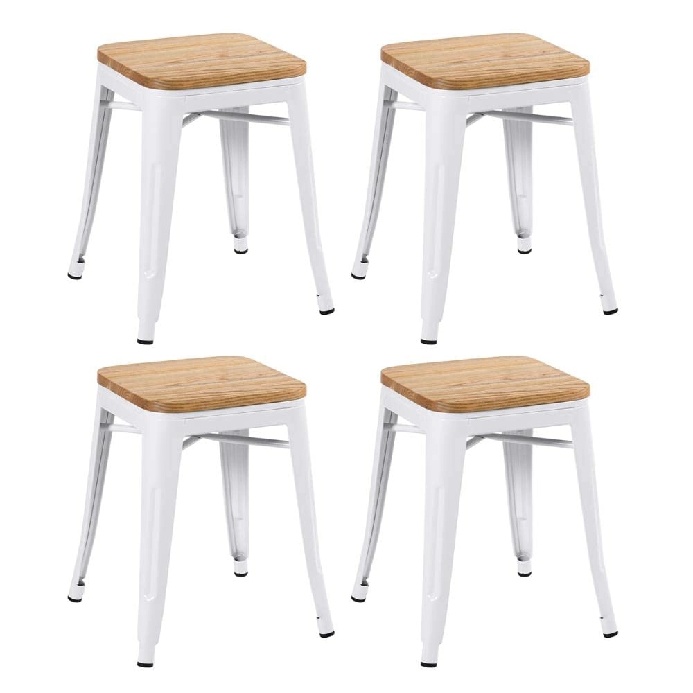 Kit com 4 Banquetas baixas Iron Tolix com assento de madeira rústica clara 45 cm - Branco Kit com 4 Banquetas baixas Iron Tolix com assento de madeira rústica clara 45 cm - Branco