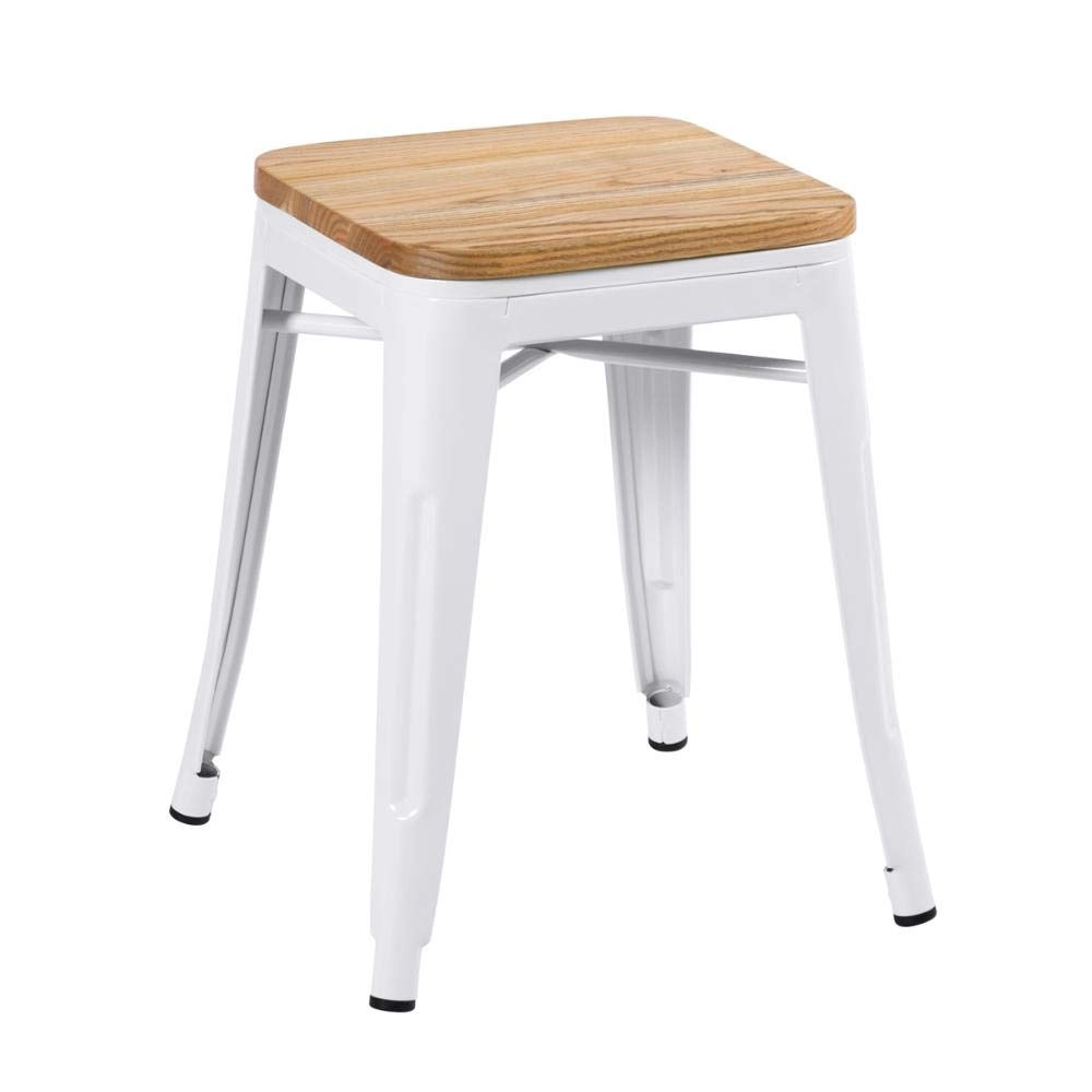 Kit com 4 Banquetas baixas Iron Tolix com assento de madeira rústica clara 45 cm - Branco Kit com 4 Banquetas baixas Iron Tolix com assento de madeira rústica clara 45 cm - Branco