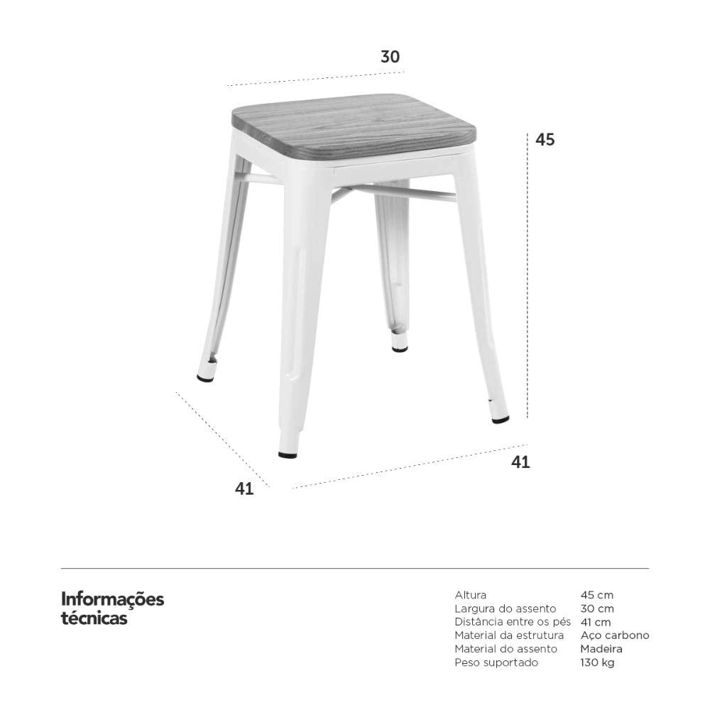Kit com 4 Banquetas baixas Iron Tolix com assento de madeira rústica clara 45 cm - Branco Kit com 4 Banquetas baixas Iron Tolix com assento de madeira rústica clara 45 cm - Branco