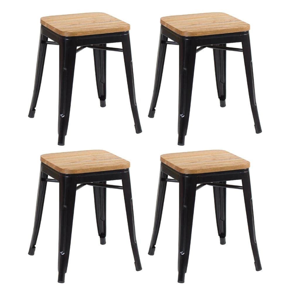 Kit com 4 Banquetas baixas Iron Tolix com assento de madeira rústica clara 45 cm - Preto Kit com 4 Banquetas baixas Iron Tolix com assento de madeira rústica clara 45 cm - Preto