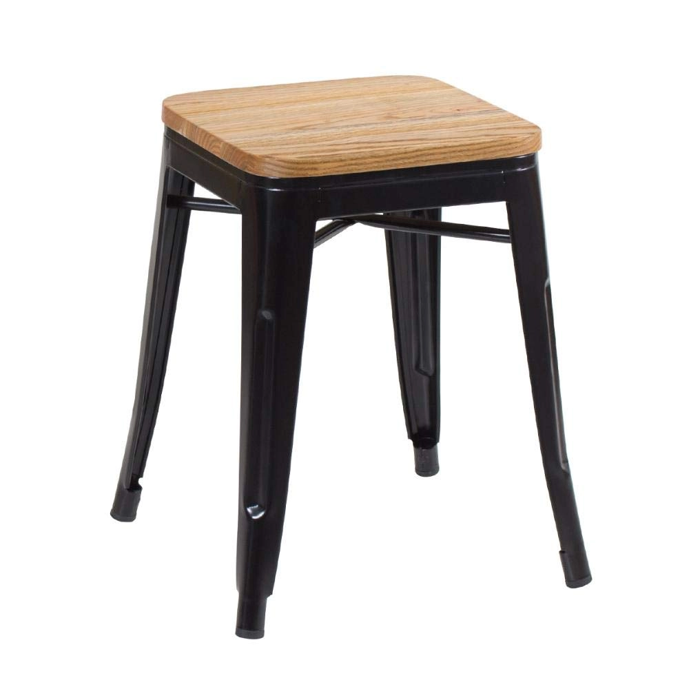 Kit com 4 Banquetas baixas Iron Tolix com assento de madeira rústica clara 45 cm - Preto Kit com 4 Banquetas baixas Iron Tolix com assento de madeira rústica clara 45 cm - Preto