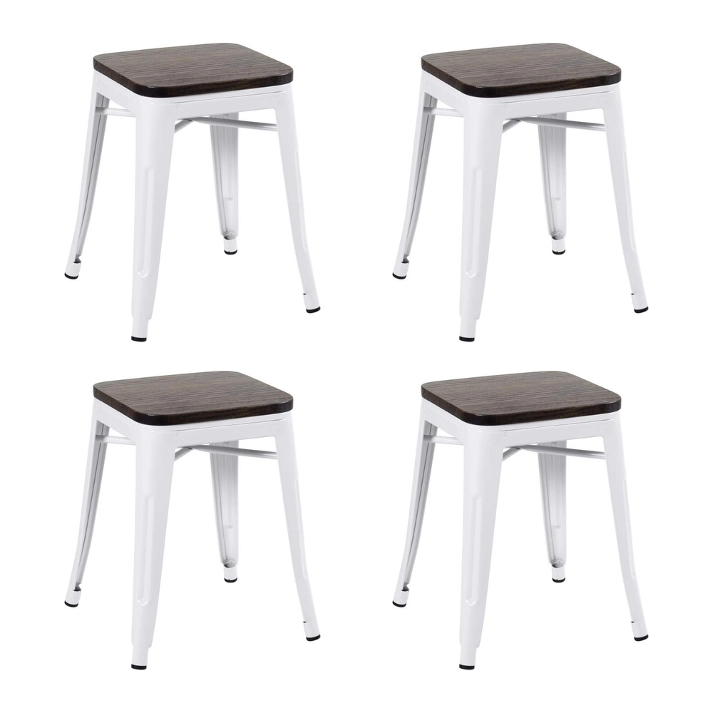 Kit com 4 Banquetas baixas Iron Tolix com assento de madeira rústica escura - Branco Kit com 4 Banquetas baixas Iron Tolix com assento de madeira rústica escura - Branco