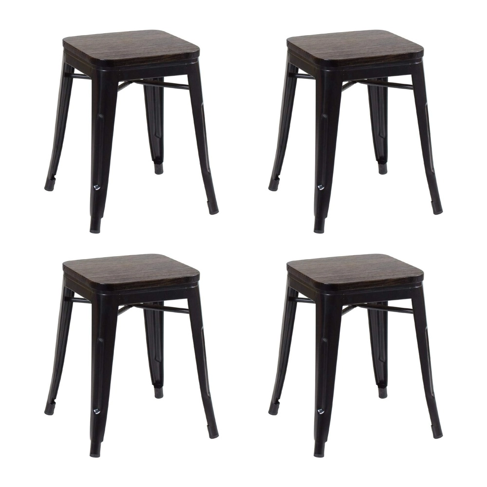 Kit com 4 Banquetas baixas Iron Tolix com assento de madeira rústica escura - Preto