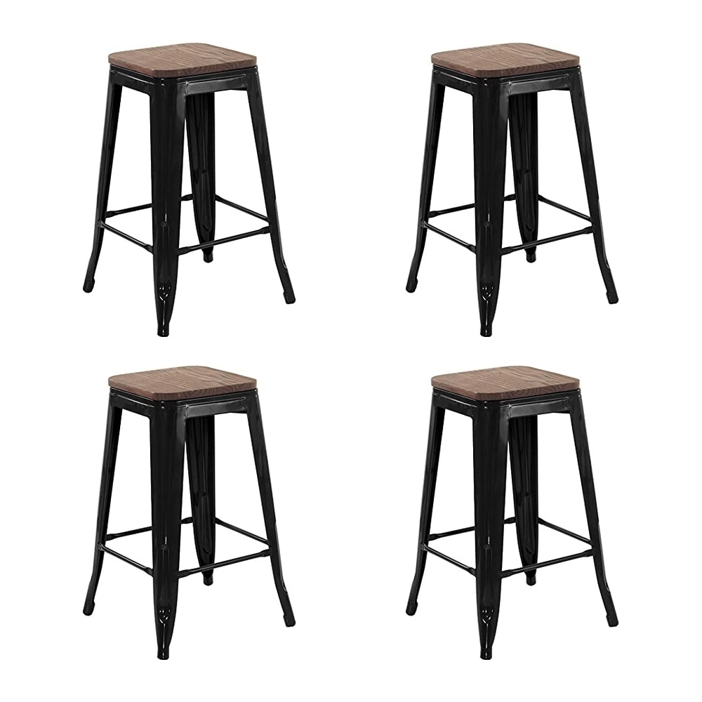 Kit com 4 Banquetas Iron Tolix com assento de madeira rústica escura - 66 cm - Preto Kit com 4 Banquetas Iron Tolix com assento de madeira rústica escura - 66 cm - Preto