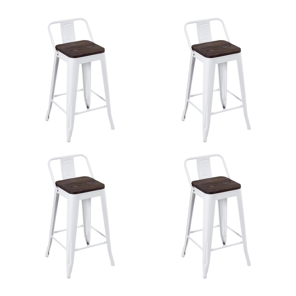 Kit com 4 Banquetas Iron Tolix com encosto e assento de madeira rústica escura Kit 61 cm Kit Branco Kit com 4 Banquetas Iron Tolix com encosto e assento de madeira rústica escura Kit 61 cm Kit Branco