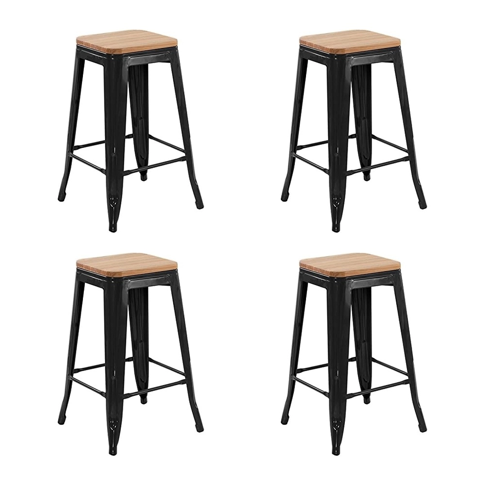 Kit com 4 Banquetas médias Iron Tolix com assento de madeira rústica clara 66 cm - Preto
