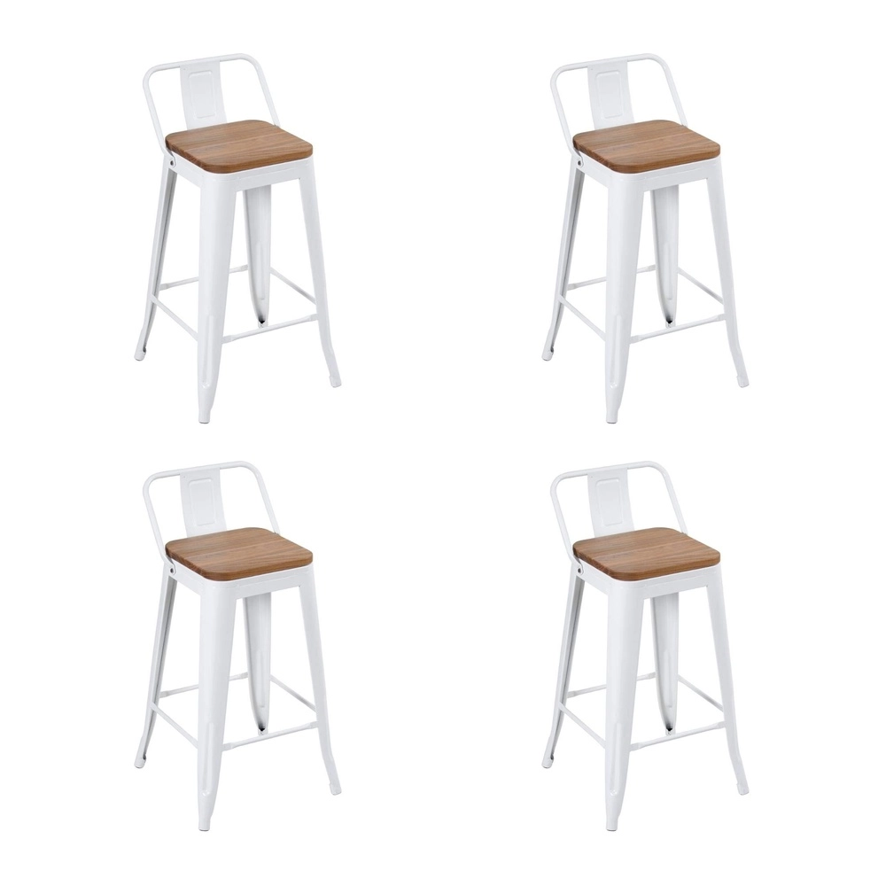 Kit com 4 Banquetas médias Iron Tolix com encosto e assento de madeira rústica clara 66 cm - Branco