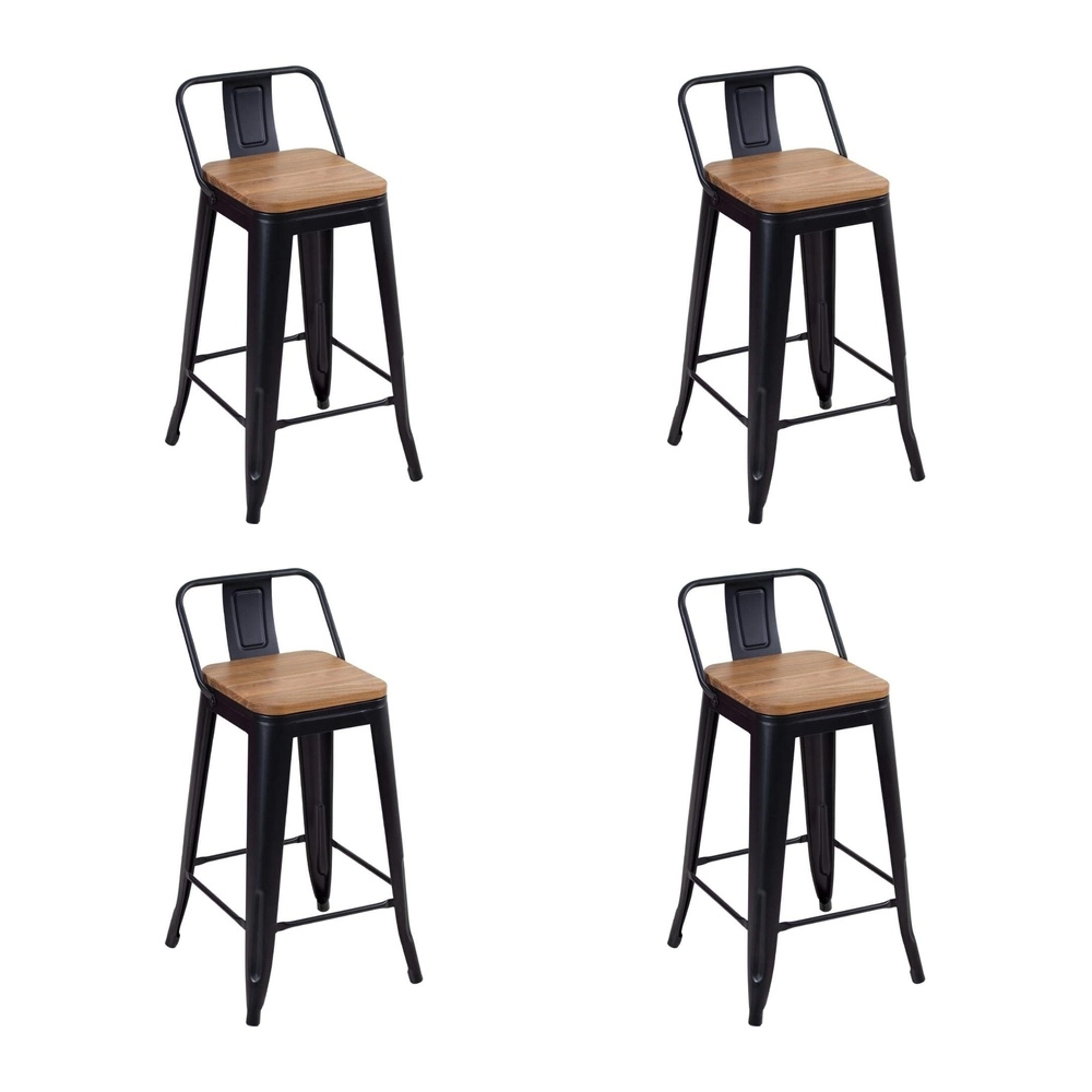 Kit com 4 Banquetas médias Iron Tolix com encosto e assento de madeira rústica clara 66 cm - Preto Kit com 4 Banquetas médias Iron Tolix com encosto e assento de madeira rústica clara 66 cm - Preto