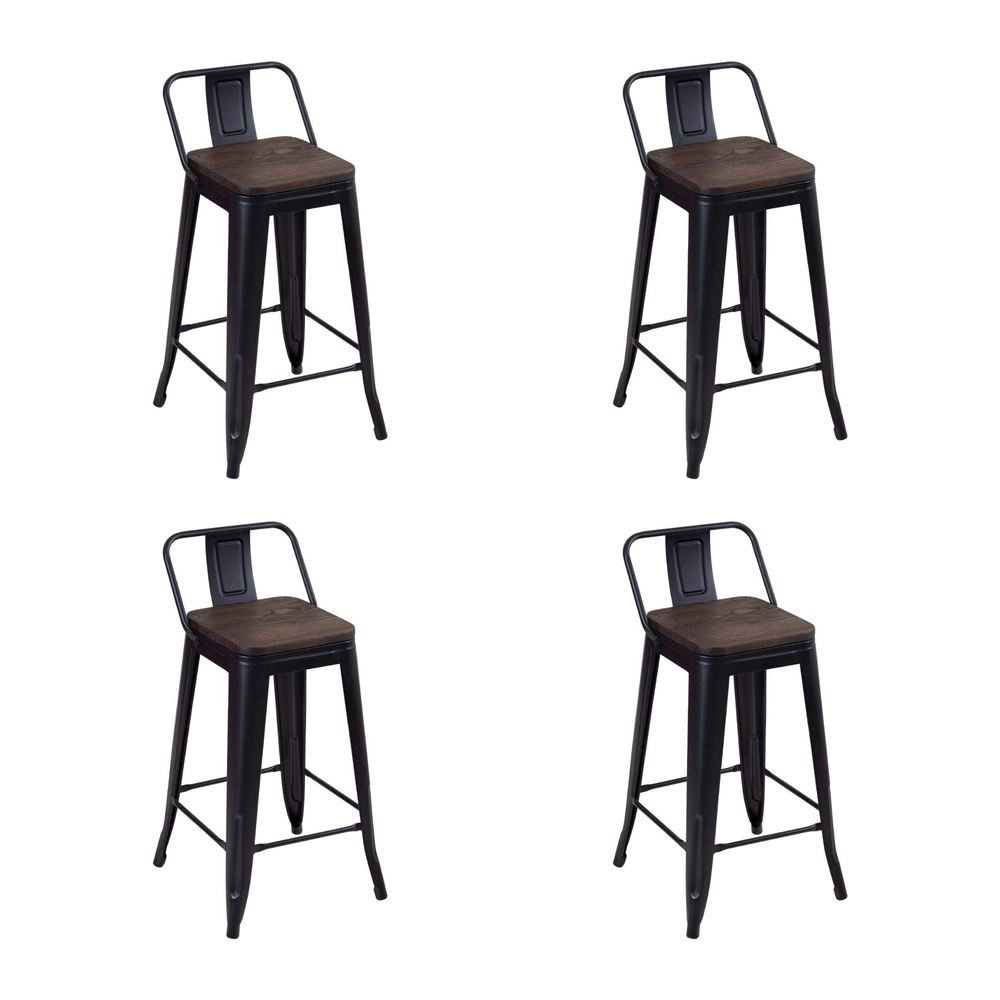 Kit com 4 Banquetas médias Iron Tolix com encosto e assento de madeira rústica escura 66 cm - Preto Kit com 4 Banquetas médias Iron Tolix com encosto e assento de madeira rústica escura 66 cm - Preto