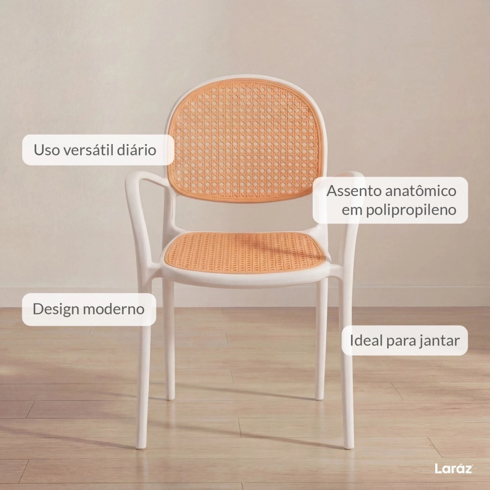 Kit com 4 Cadeiras de jantar Mumbai telinha com braços e design contemporâneo – Branco