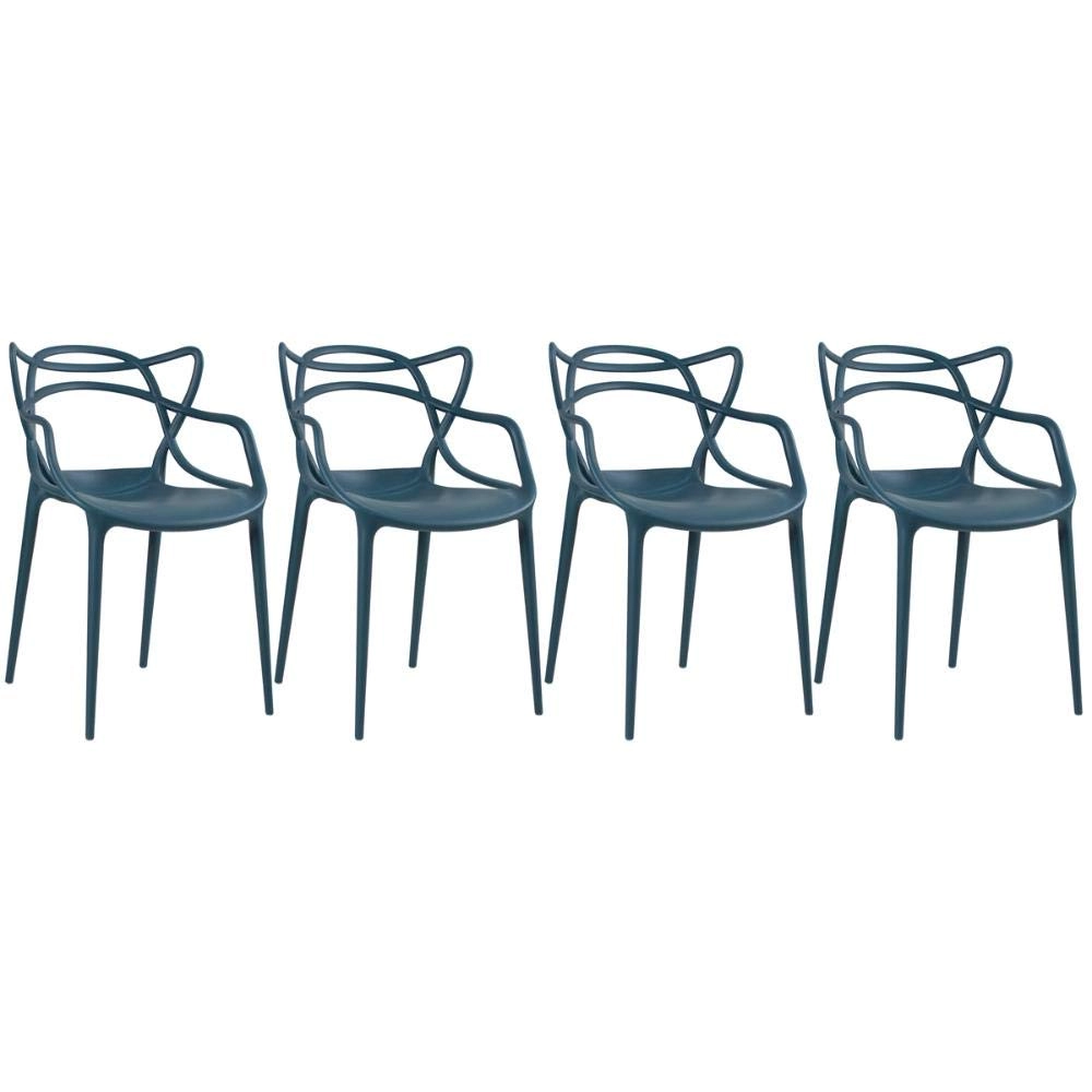Kit com 4 Cadeiras Design Allegra Polipropileno Injetado Alta Densidade Empilhável Sala Cozinha Jantar Bar Jardim Varanda Azul Petróleo