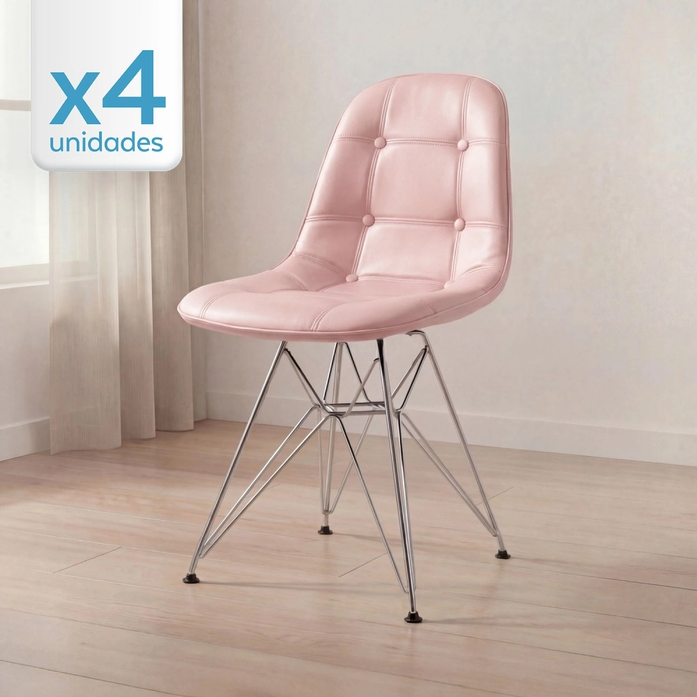 Kit com 4 Cadeiras estofadas Charles Eames Eiffel Botonê DKR com pés de metal cromado - Rosa claro Kit com 4 Cadeiras estofadas Charles Eames Eiffel Botonê DKR com pés de metal cromado - Rosa claro
