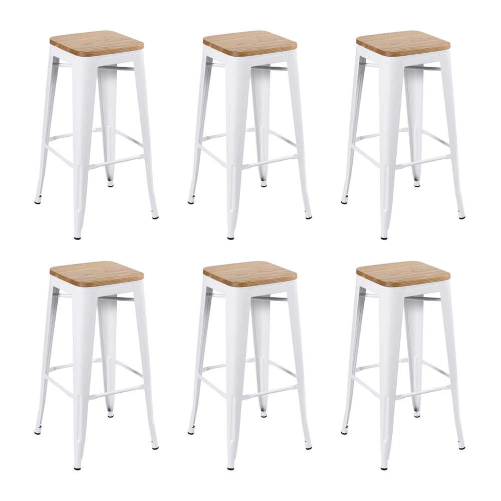 Kit com 6 Banquetas altas Iron Tolix com assento de madeira rústica clara 76 cm - Branco Kit com 6 Banquetas altas Iron Tolix com assento de madeira rústica clara 76 cm - Branco