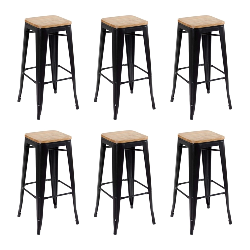 Kit com 6 Banquetas altas Iron Tolix com assento de madeira rústica clara 76 cm - Preto