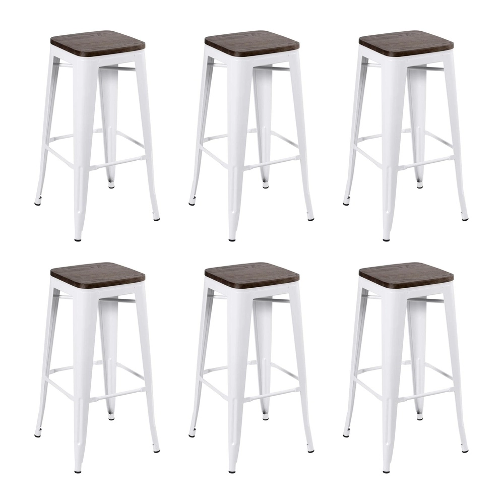 Kit com 6 Banquetas altas Iron Tolix com assento de madeira rústica escura - 76 cm - Branco Kit com 6 Banquetas altas Iron Tolix com assento de madeira rústica escura - 76 cm - Branco