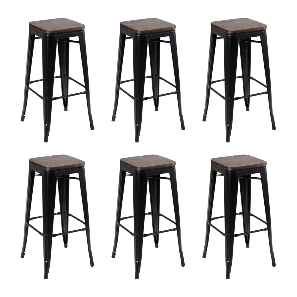 Kit com 6 Banquetas altas Iron Tolix com assento de madeira rústica escura - 76 cm - Preto