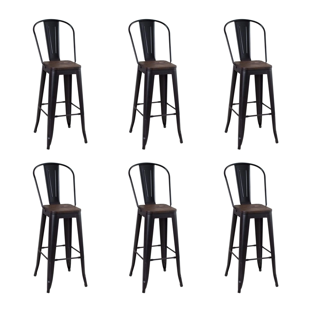 Kit com 6 Banquetas altas Iron Tolix com encosto alto e assento de madeira - Preto - Madeira rústica escura Kit com 6 Banquetas altas Iron Tolix com encosto alto e assento de madeira - Preto - Madeira rústica escura