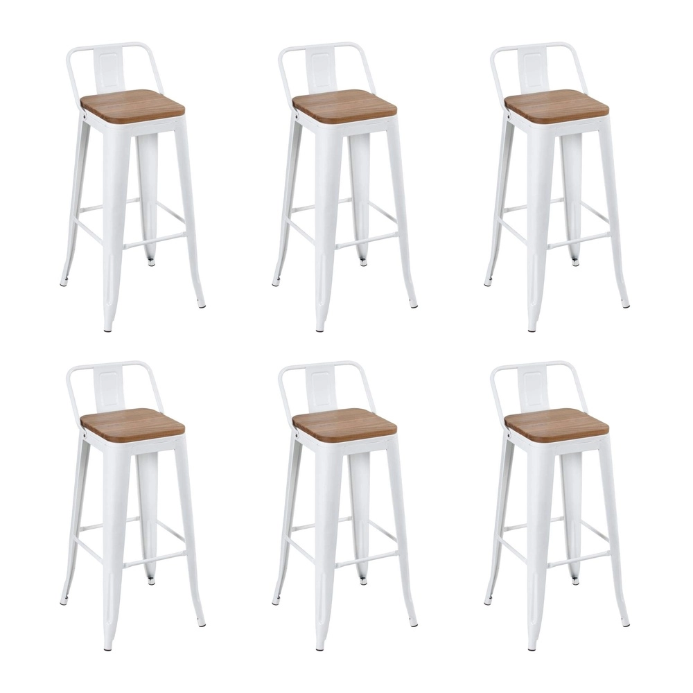 Kit com 6 Banquetas altas Iron Tolix com encosto e assento de madeira rústica clara 76 cm - Branco