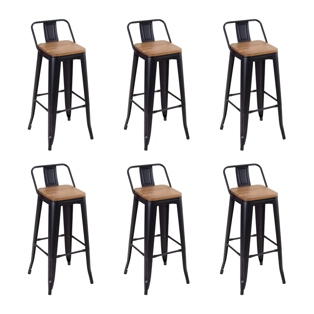 Kit com 6 Banquetas altas Iron Tolix com encosto e assento de madeira rústica clara 76 cm - Preto Kit com 6 Banquetas altas Iron Tolix com encosto e assento de madeira rústica clara 76 cm - Preto