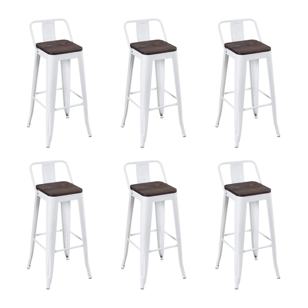 Kit com 6 Banquetas altas Iron Tolix com encosto e assento de madeira rústica escura - Branco