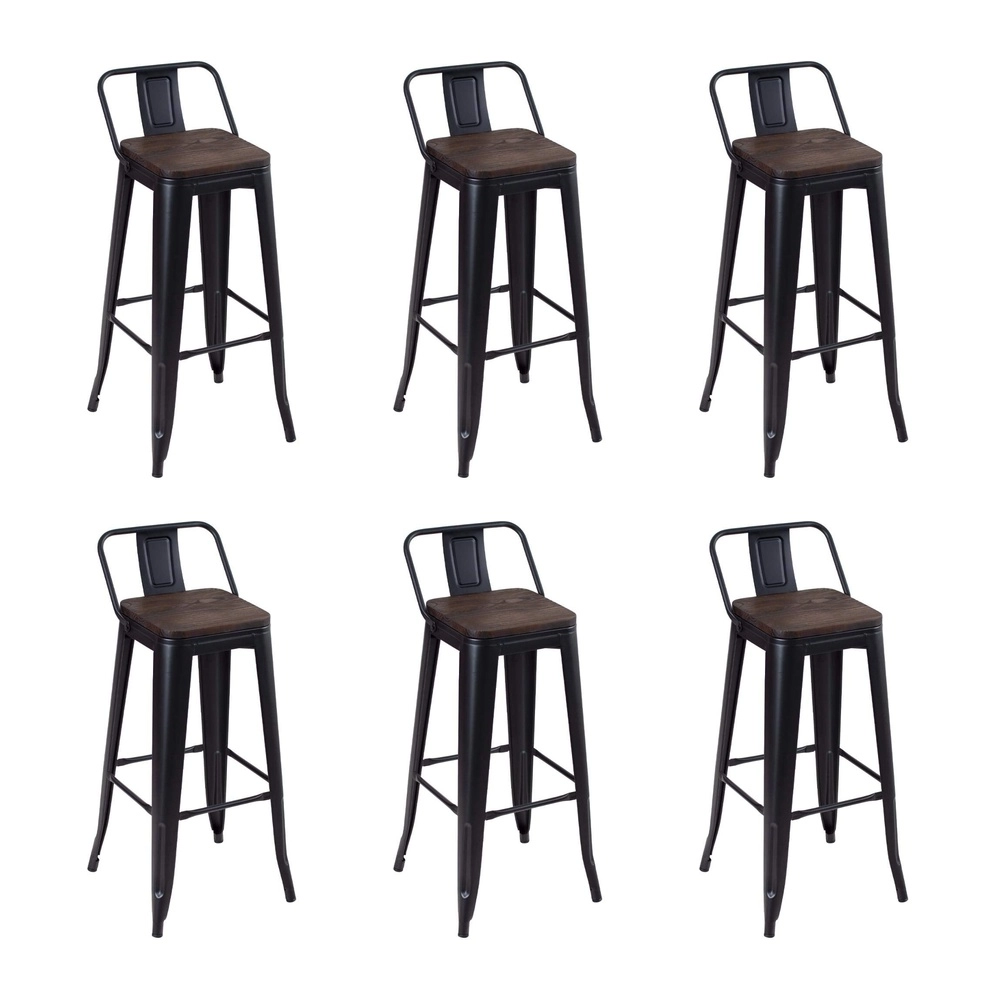 Kit com 6 Banquetas altas Iron Tolix com encosto e assento de madeira rústica escura - Preto Kit com 6 Banquetas altas Iron Tolix com encosto e assento de madeira rústica escura - Preto