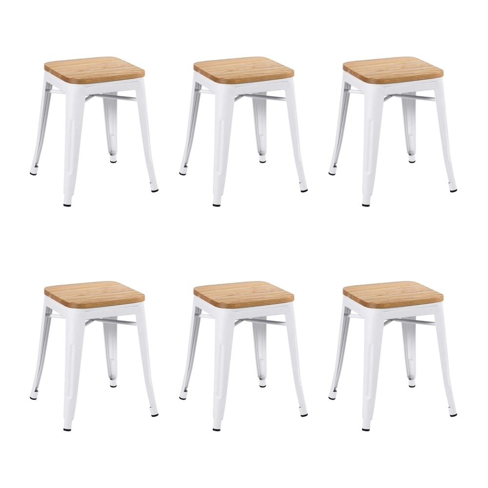 Kit com 6 Banquetas baixas Iron Tolix com assento de madeira rústica clara 45 cm - Branco Kit com 6 Banquetas baixas Iron Tolix com assento de madeira rústica clara 45 cm - Branco