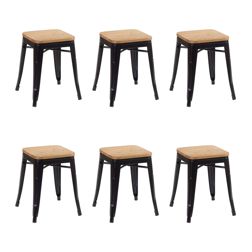 Kit com 6 Banquetas baixas Iron Tolix com assento de madeira rústica clara 45 cm - Preto Kit com 6 Banquetas baixas Iron Tolix com assento de madeira rústica clara 45 cm - Preto