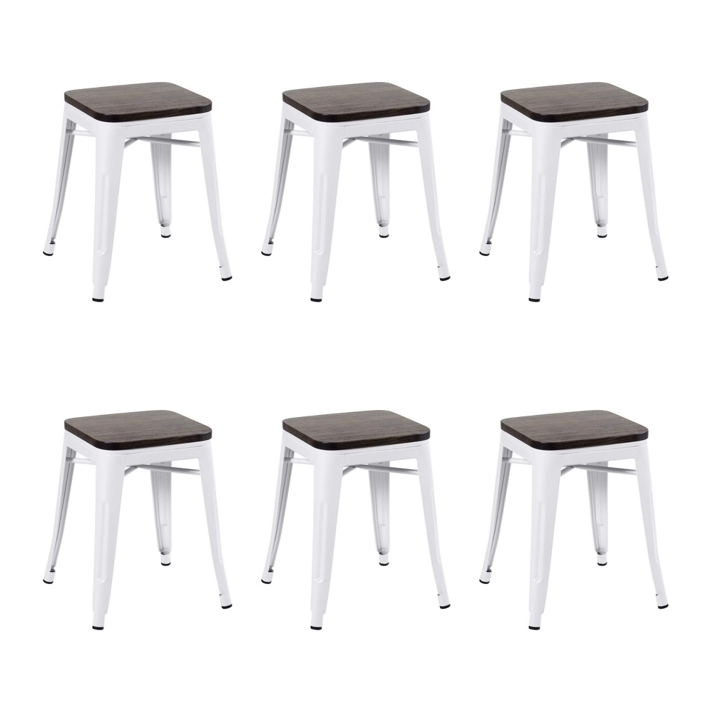 Kit com 6 Banquetas baixas Iron Tolix com assento de madeira rústica escura - Branco Kit com 6 Banquetas baixas Iron Tolix com assento de madeira rústica escura - Branco