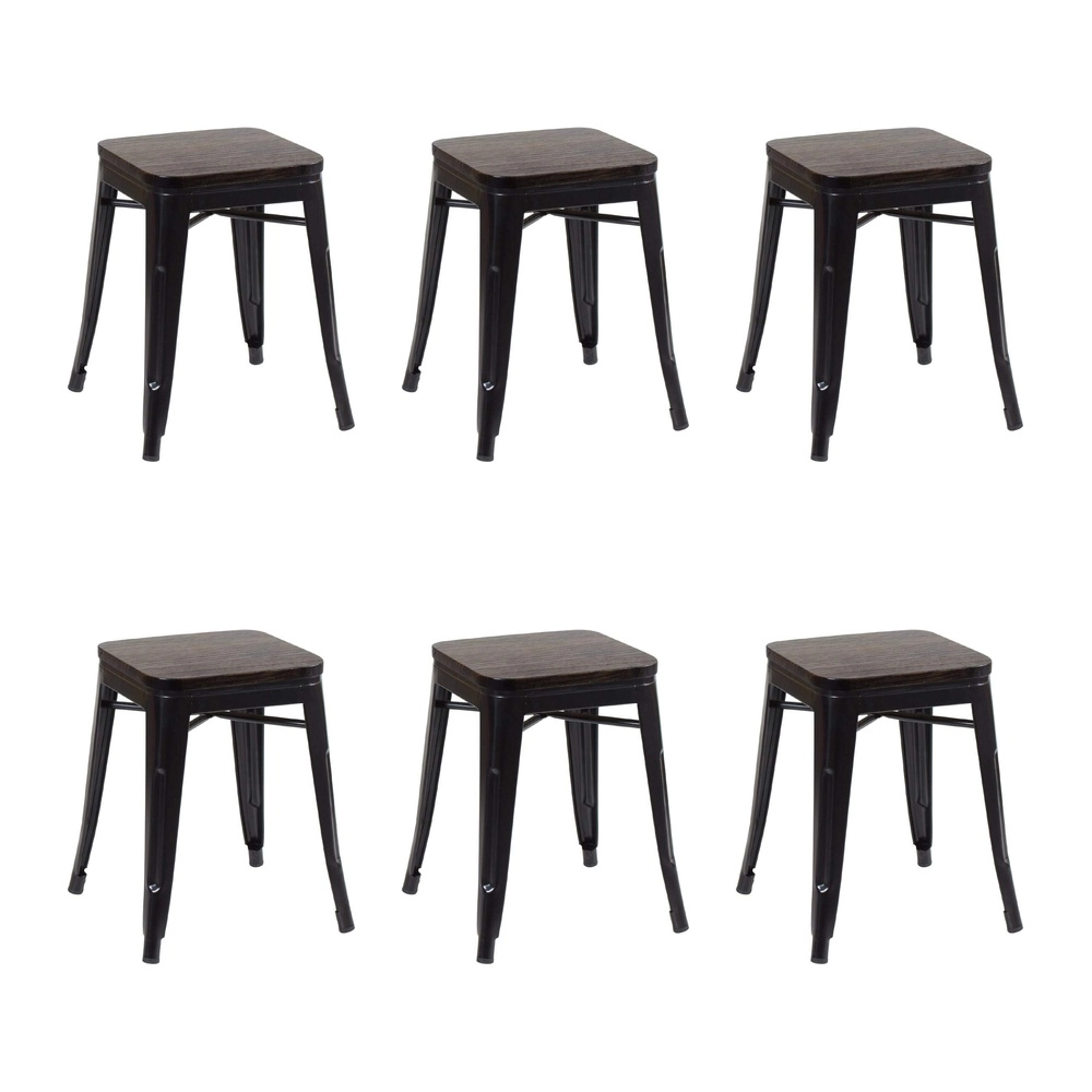 Kit com 6 Banquetas baixas Iron Tolix com assento de madeira rústica escura - Preto Kit com 6 Banquetas baixas Iron Tolix com assento de madeira rústica escura - Preto