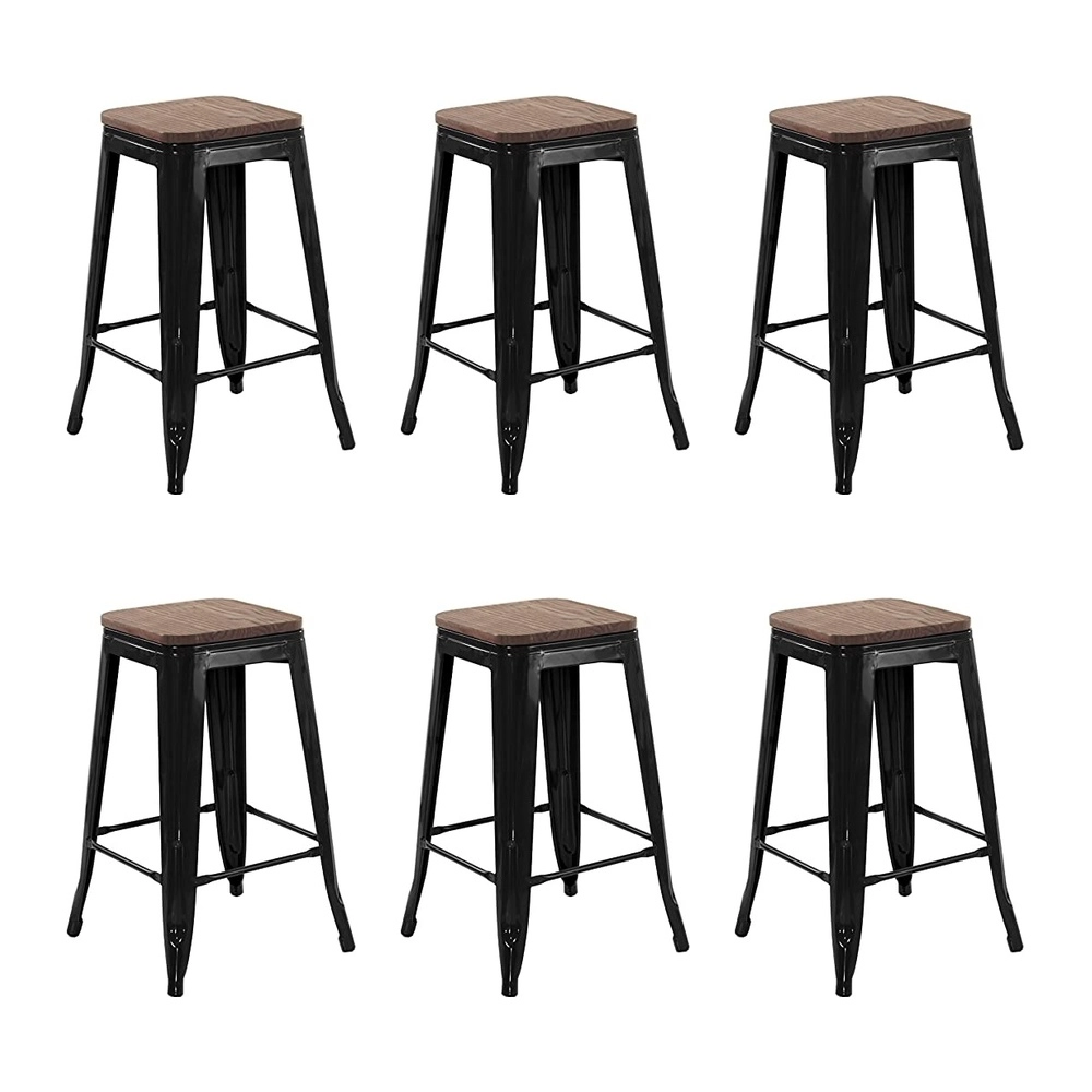 Kit com 6 Banquetas Iron Tolix com assento de madeira rústica escura - 66 cm - Preto