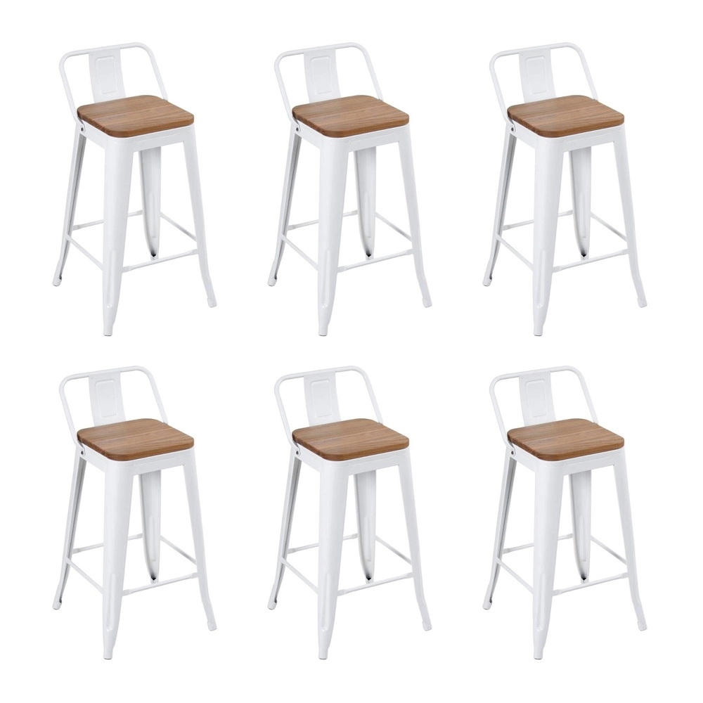 Kit com 6 Banquetas Iron Tolix com encosto e assento de madeira rústica clara 61 cm - Branco Kit com 6 Banquetas Iron Tolix com encosto e assento de madeira rústica clara 61 cm - Branco
