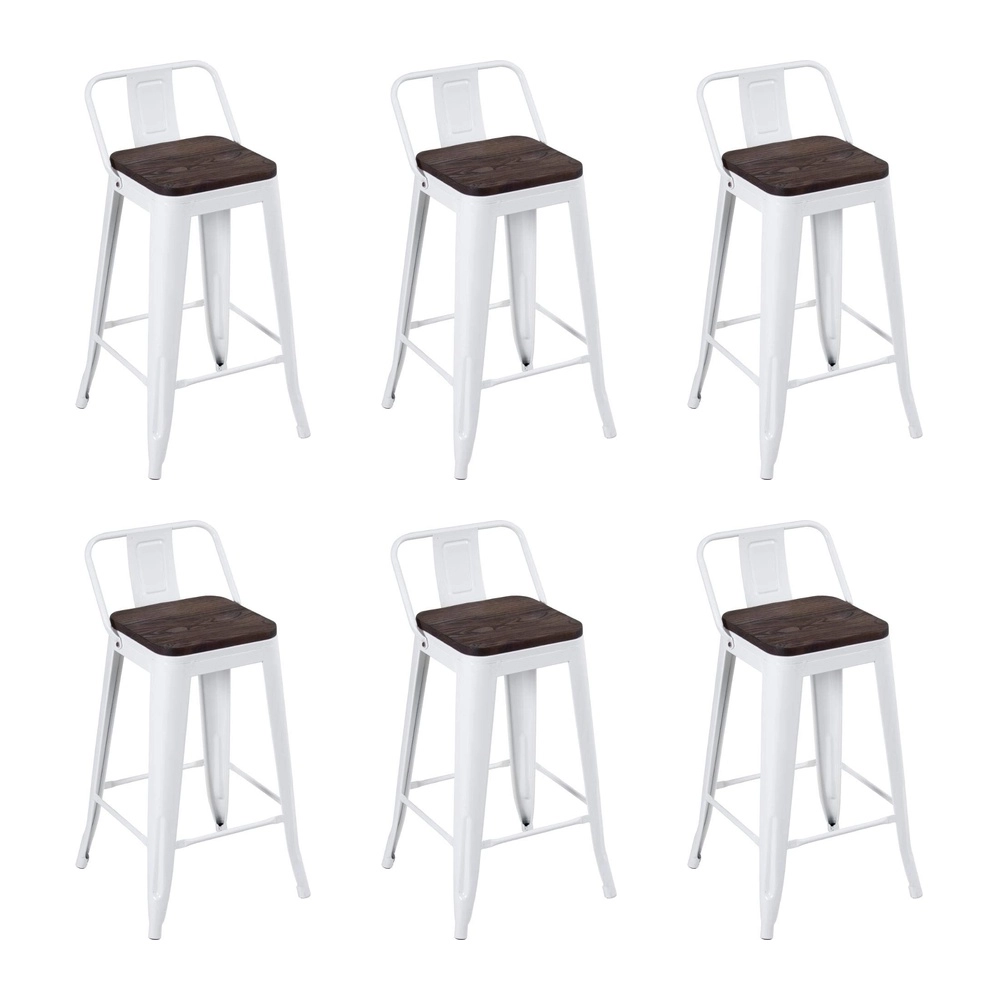 Kit com 6 Banquetas Iron Tolix com encosto e assento de madeira rústica escura Kit 66 cm Kit Branco Kit com 6 Banquetas Iron Tolix com encosto e assento de madeira rústica escura Kit 66 cm Kit Branco