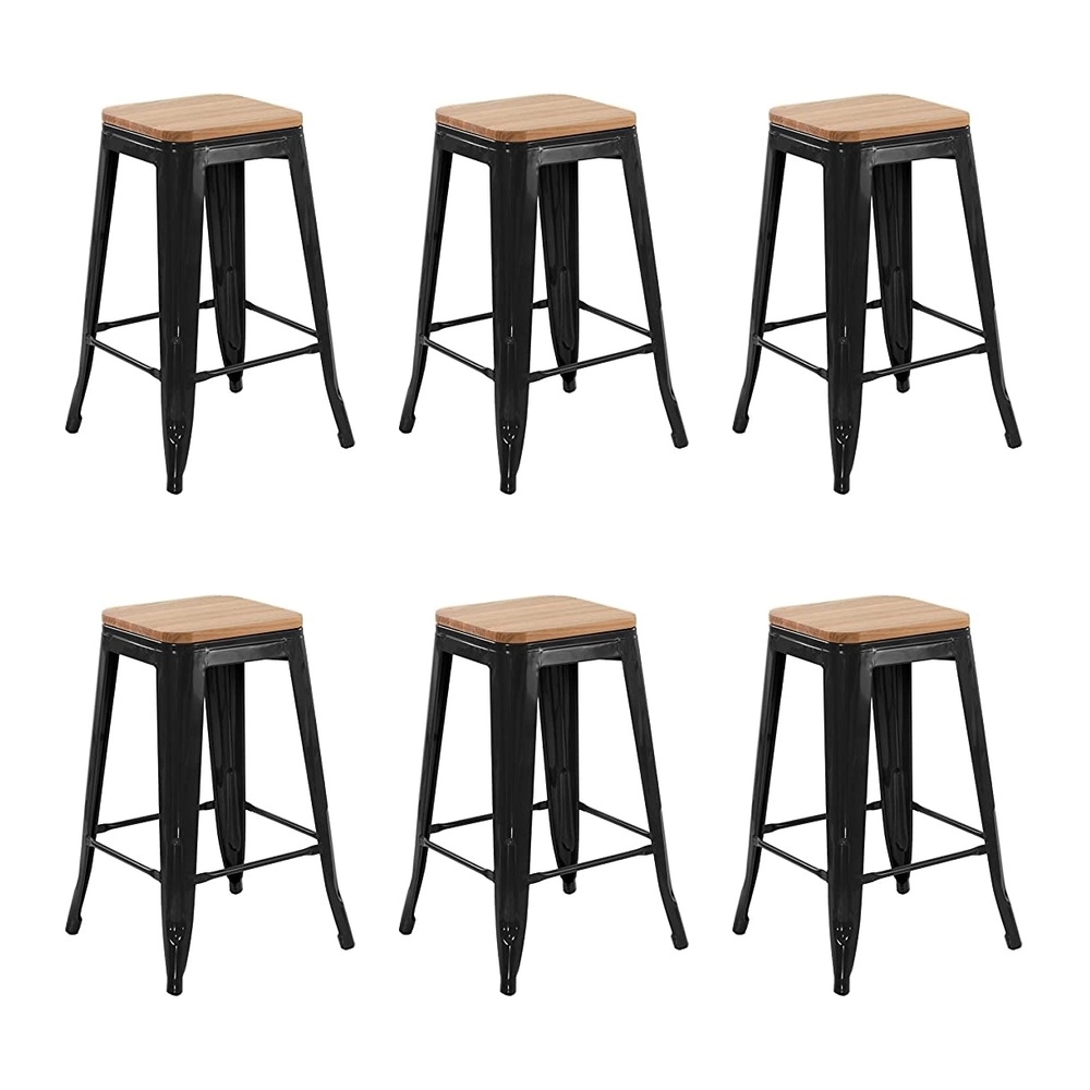 Kit com 6 Banquetas médias Iron Tolix com assento de madeira rústica clara 66 cm - Preto