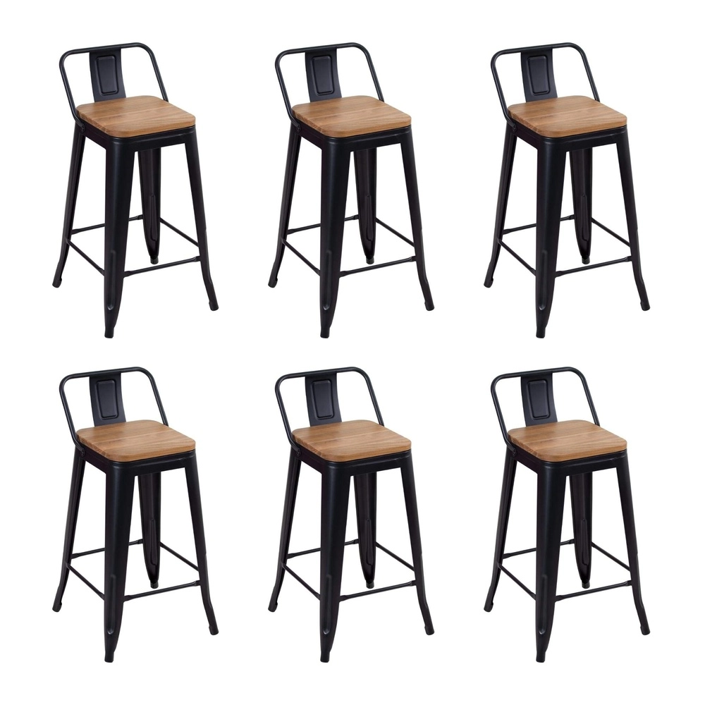 Kit com 6 Banquetas médias Iron Tolix com encosto e assento de madeira rústica clara 66 cm - Preto Kit com 6 Banquetas médias Iron Tolix com encosto e assento de madeira rústica clara 66 cm - Preto
