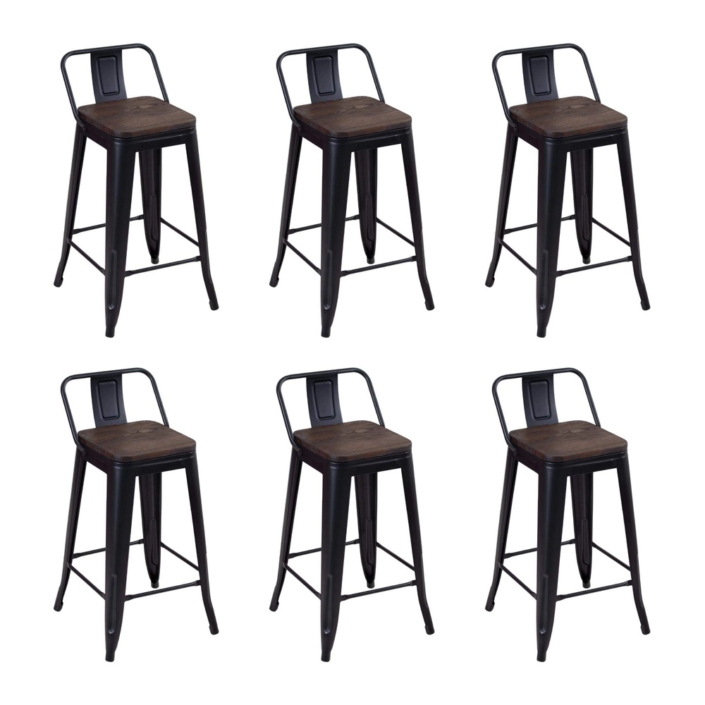 Kit com 6 Banquetas médias Iron Tolix com encosto e assento de madeira rústica escura 66 cm - Preto Kit com 6 Banquetas médias Iron Tolix com encosto e assento de madeira rústica escura 66 cm - Preto