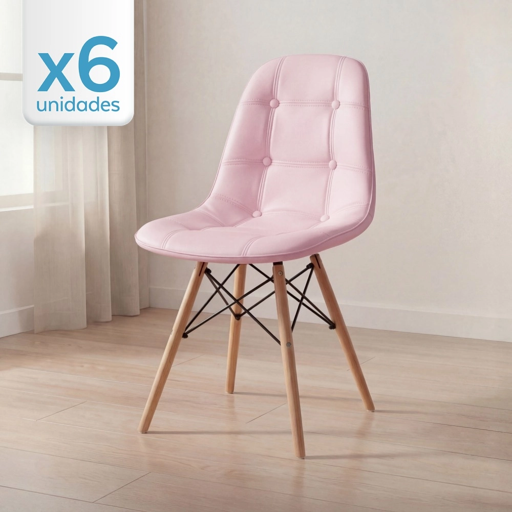 Kit com 6 Cadeiras de jantar Charles Eames Eiffel Botonê Estofada - Rosa claro