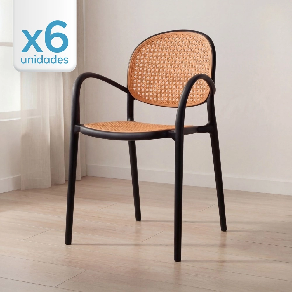 Kit com 6 Cadeiras de jantar Mumbai telinha com braços e design contemporâneo – Preta Kit com 6 Cadeiras de jantar Mumbai telinha com braços e design contemporâneo – Preta